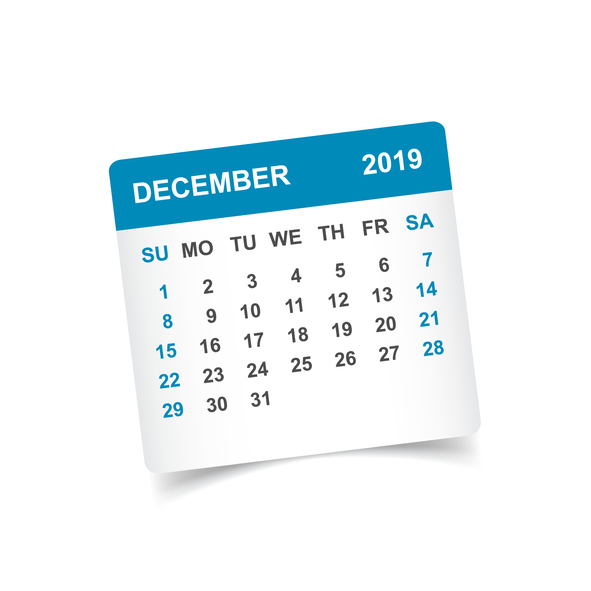 Calendar december 2019 year in paper sticker with shadow.